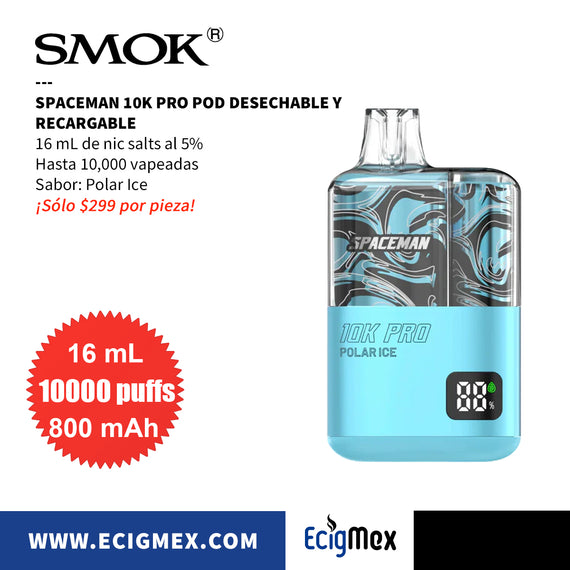 POD Desechable Spaceman 10K PRO 800 mAh Indicador de Batería y Líquido Hasta 10,000 Vapeadas y 16 mL de Nic Salts