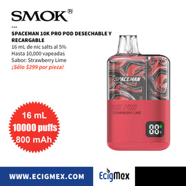 POD Desechable Spaceman 10K PRO 800 mAh Indicador de Batería y Líquido Hasta 10,000 Vapeadas y 16 mL de Nic Salts