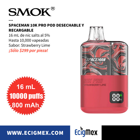 POD Desechable Spaceman 10K PRO 800 mAh Indicador de Batería y Líquido Hasta 10,000 Vapeadas y 16 mL de Nic Salts