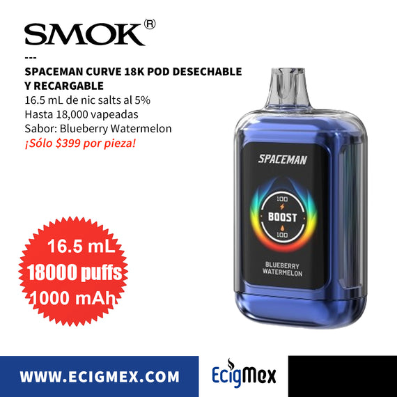 POD Desechable Spaceman Curve 18K 1000 mAh Indicador de Batería y Líquido Hasta 18,000 Vapeadas y 16.5 mL de Nic Salts