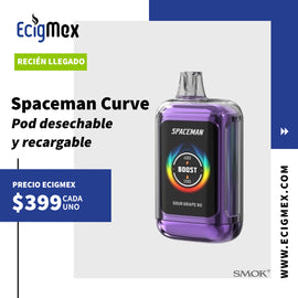 POD Desechable Spaceman Curve 18K 1000 mAh Indicador de Batería y Líquido Hasta 18,000 Vapeadas y 16.5 mL de Nic Salts