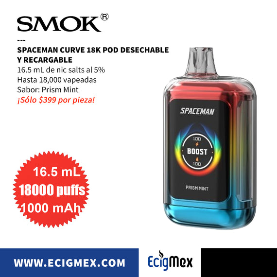 POD Desechable Spaceman Curve 18K 1000 mAh Indicador de Batería y Líquido Hasta 18,000 Vapeadas y 16.5 mL de Nic Salts