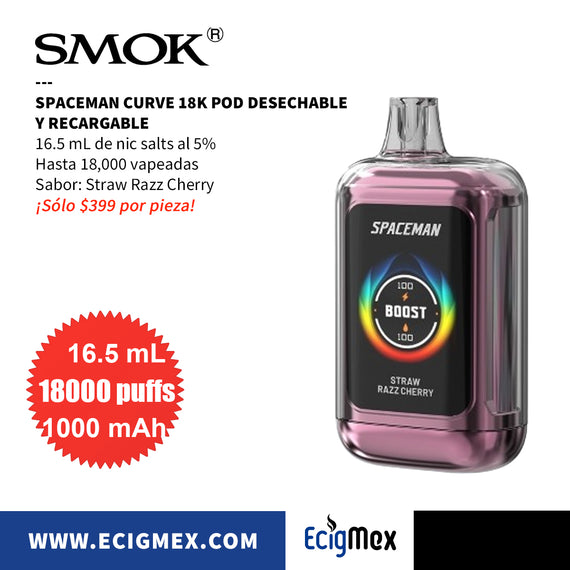 POD Desechable Spaceman Curve 18K 1000 mAh Indicador de Batería y Líquido Hasta 18,000 Vapeadas y 16.5 mL de Nic Salts