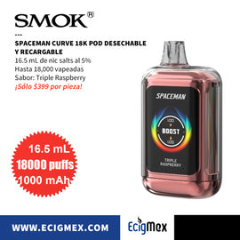 POD Desechable Spaceman Curve 18K 1000 mAh Indicador de Batería y Líquido Hasta 18,000 Vapeadas y 16.5 mL de Nic Salts