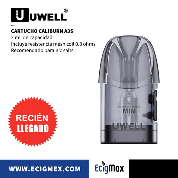 Cartucho Uwell Caliburn A3S Mesh Coil de 1.0 y 0.8 ohms Pro-Focs Tech Capacidad 2 mL Ventana Más Amplia
