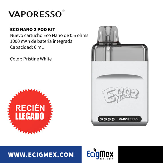 POD Inicial Vaporesso ECO NANO 2 1000 mAh Cartucho Magnético 6 mL y 0.6 ohms y hasta 13000 Vapeadas Diseño Práctico Ideal para Nic Salts