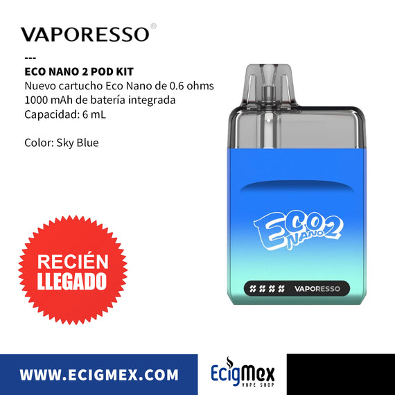 POD Inicial Vaporesso ECO NANO 2 1000 mAh Cartucho Magnético 6 mL y 0.6 ohms y hasta 13000 Vapeadas Diseño Práctico Ideal para Nic Salts