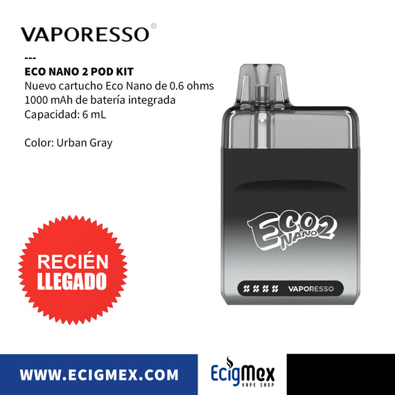 POD Inicial Vaporesso ECO NANO 2 1000 mAh Cartucho Magnético 6 mL y 0.6 ohms y hasta 13000 Vapeadas Diseño Práctico Ideal para Nic Salts