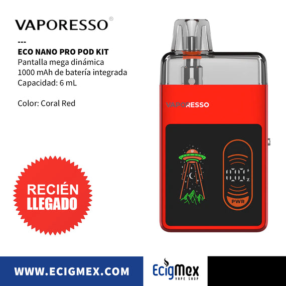 POD Inicial Vaporesso ECO NANO PRO 1000 mAh Cartucho Magnético 6 mL 0.6 ohms y hasta 25000 Vapeadas Diseño Práctico Ideal para Nic Salts