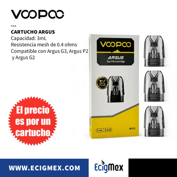 Cartucho Voopoo Argus Top Fill Compatible con Argus G3 Resistencia de 0.4 y 1.0 ohms Capacidad 3 mL