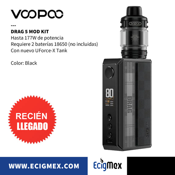 MOD KIT Voopoo Drag 5 con Nuevo UForce-X Tank y nueva Serie Coils PnP-X Hasta 177W de Potencia Requiere 2 baterías 18650 Alto Rendimiento