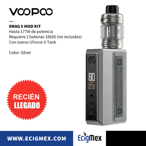 MOD KIT Voopoo Drag 5 con Nuevo UForce-X Tank y nueva Serie Coils PnP-X Hasta 177W de Potencia Requiere 2 baterías 18650 Alto Rendimiento