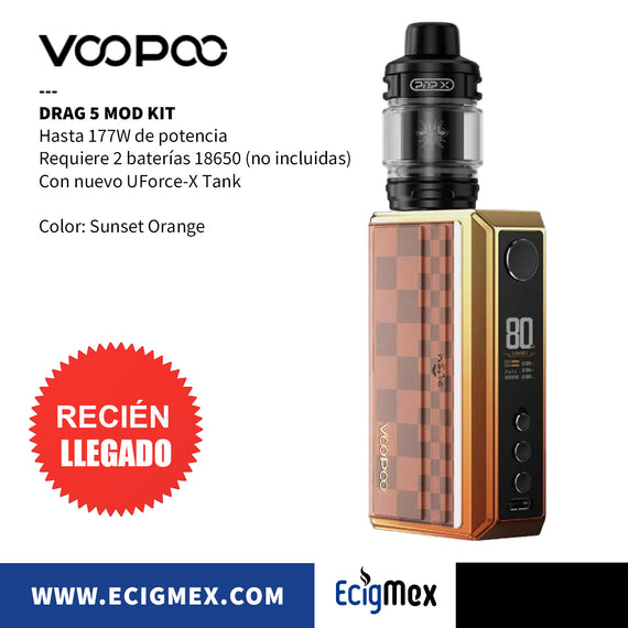 MOD KIT Voopoo Drag 5 con Nuevo UForce-X Tank y nueva Serie Coils PnP-X Hasta 177W de Potencia Requiere 2 baterías 18650 Alto Rendimiento