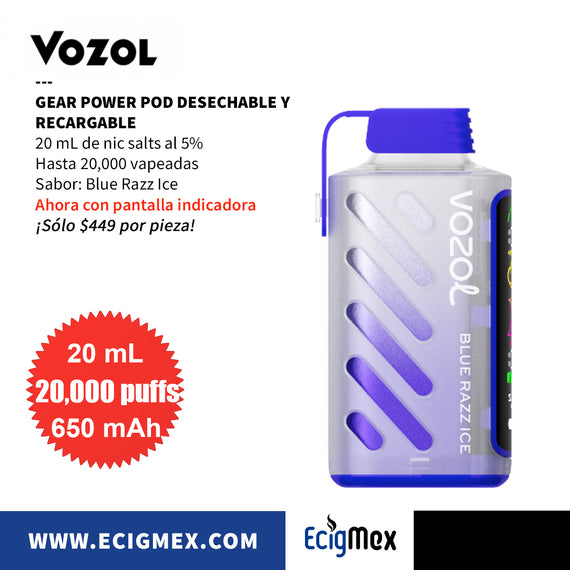 NUEVO POD Desechable Vozol Gear Power 20000 Batería de 650 mAh Pantalla indicadora de Carga y Líquido Hasta 20,000 Vapeadas y 20 mL de Nic Salts