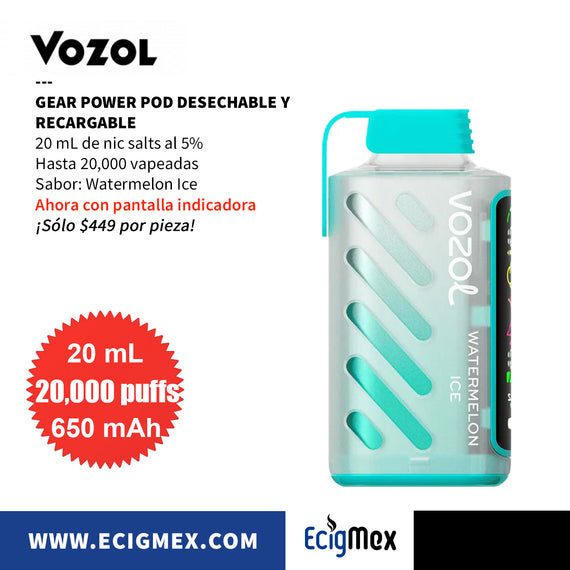 NUEVO POD Desechable Vozol Gear Power 20000 Batería de 650 mAh Pantalla indicadora de Carga y Líquido Hasta 20,000 Vapeadas y 20 mL de Nic Salts