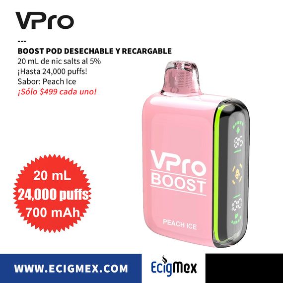 POD Desechable Vpro Boost 700 mAh Diseño Estético con indicador de Batería y Líquido Hasta 24,000 Vapeadas y 20 mL de Nic Salts