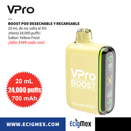POD Desechable Vpro Boost 700 mAh Diseño Estético con indicador de Batería y Líquido Hasta 24,000 Vapeadas y 20 mL de Nic Salts