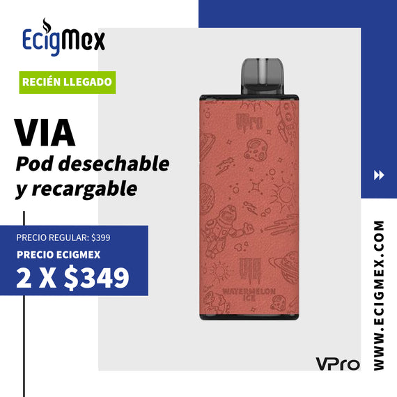 POD Desechable VPro VIA 500 mAh Pantalla indicadora de Batería y Líquido Hasta 8000 Vapeadas y 12 mL de Nic Salts