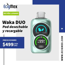 POD Desechable Recargable WAKA DUO 27K Pantalla Touch Interactiva Batería de 800 mAh Hasta 27000 Vapeadas y 19 mL de Nic Salts