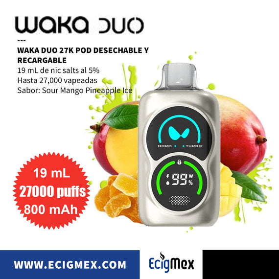 POD Desechable Recargable WAKA DUO 27K Pantalla Touch Interactiva Batería de 800 mAh Hasta 27000 Vapeadas y 19 mL de Nic Salts