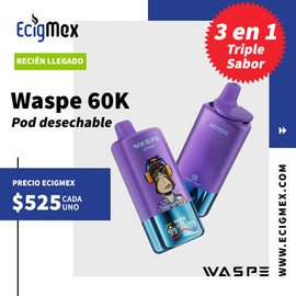 POD Desechable Waspe 60K 3 en 1 Triple Sabor Batería de 650 mAh Pantalla indicadora de Carga y Líquido Hasta 60,000 puffs y 54 mL de Nic Salts