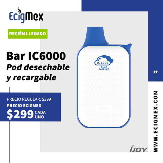 POD Desechable iJoy Bar IC6000 600 mAh Hasta 6000 Vapeadas y 15 mL de Nic Salts con sabores únicos