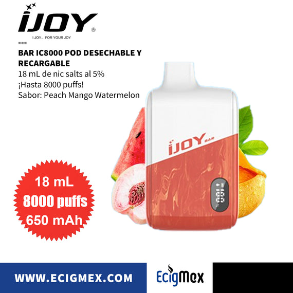 POD Desechable iJoy Bar IC8000 Batería de 650 mAh Pantalla indicadora de Carga y Líquido Hasta 8000 Vapeadas y 18 mL de Nic Salts con sabores únicos