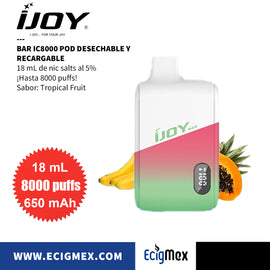 POD Desechable iJoy Bar IC8000 Batería de 650 mAh Pantalla indicadora de Carga y Líquido Hasta 8000 Vapeadas y 18 mL de Nic Salts con sabores únicos
