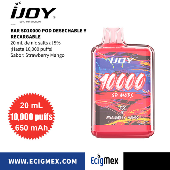 POD Desechable iJoy Bar SD10000 Batería de 650 mAh Pantalla indicadora de Carga y Líquido Hasta 10,000 puffs y 20 mL de Nic Salts con sabores únicos