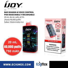 POD Desechable iJoy Bar SD40000 AI Voice Control Batería de 750 mAh Pantalla indicadora de Carga y Líquido Hasta 40,000 puffs y 20 mL de Nic Salts con sabores únicos