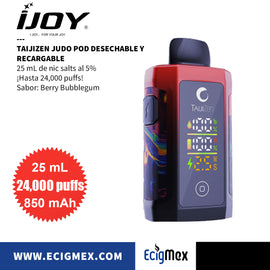 POD Desechable iJoy Taijizen Judo 24000 Batería de 850 mAh MEGA Pantalla indicadora de Carga y Líquido Hasta 24,000 puffs y 25 mL de Nic Salts con sabores intensos