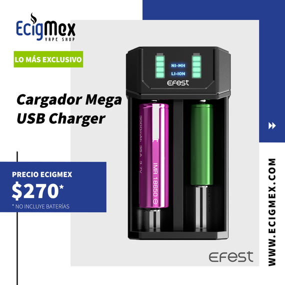 Cargador Efest Mega USB Charger para 2 baterías de Múltiples Medidas