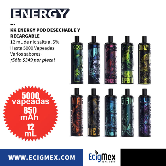 POD Desechable y Recargable KK Energy 850 mAh Hasta 5000 Vapeadas y 12 mL de Nic Salts con sabores únicos