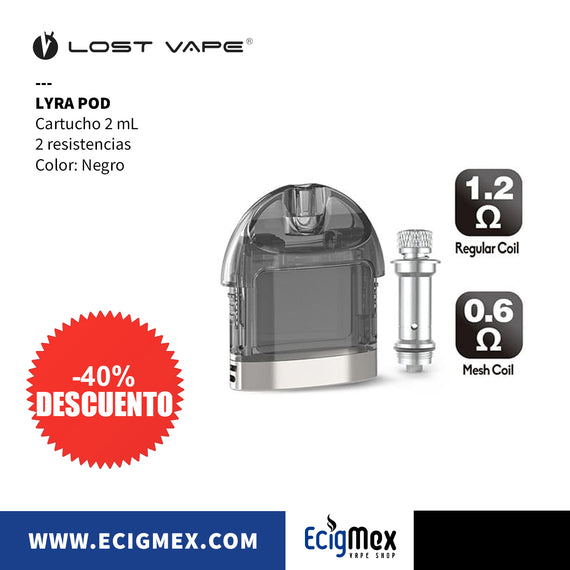 Cartucho para cigarro electrónico Lost Vape Lyra Pod con capacidad de 2 mL color negro
