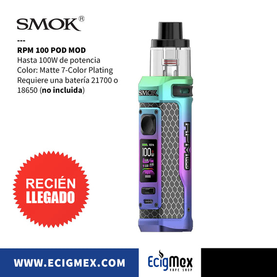 POD MOD Smok RPM 100 Requiere una Batería Externa 21700 o 18650 Potencia Hasta 100W Pantalla a Color